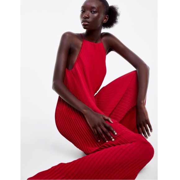 Zara Red Oversized Flowy Pleated High Neck Sleeveless Jumpsuit Size Small - Picture 12 of 16